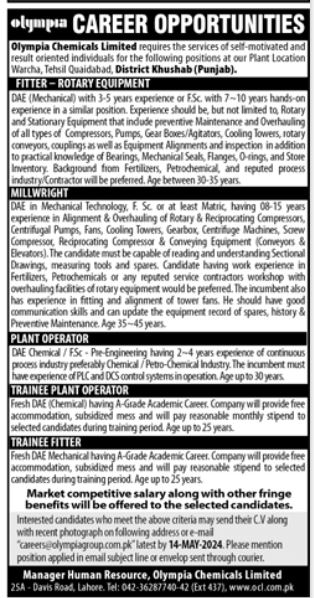 Olympia Chemicals Limited Khushab Punjab Jobs 2024 Jobs 2024 — original advertisement