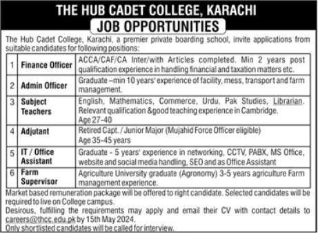 The Hub Cadet College Karachi Jobs 2024 Jobs 2024 — original advertisement