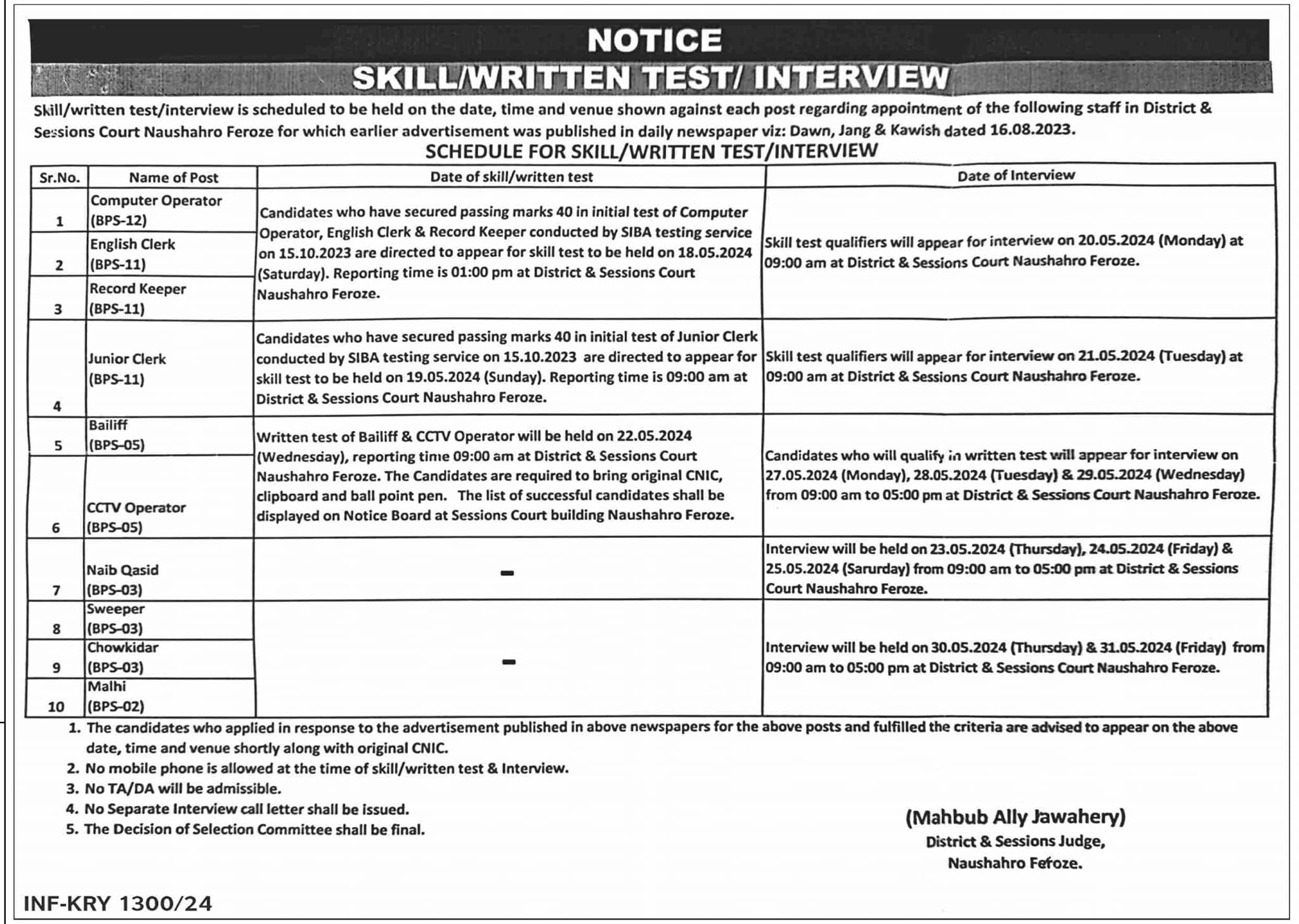 District & Session Court Naushahro Feroze Jobs 2024 – District & Session Judge Jobs 2024 — original advertisement
