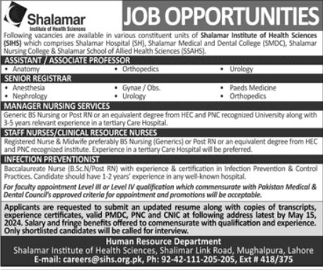 Shalamar Institute Of Health Sciences Jobs 2024 Jobs 2024 — original advertisement