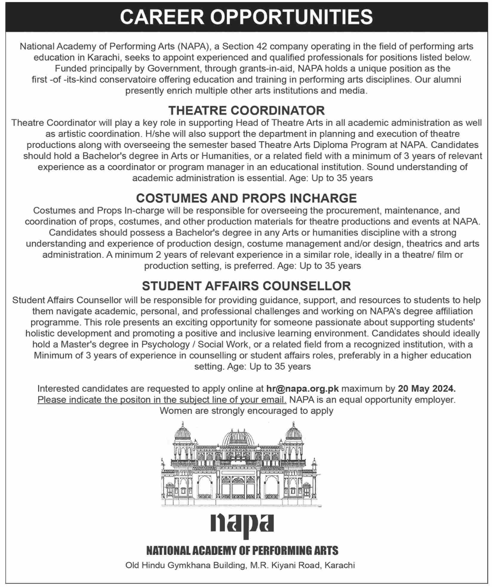 National Academy of Performing Arts NAPA Karachi Jobs 2024 – National Academy Of Performing Art NAPA Jobs 2024 — original advertisement