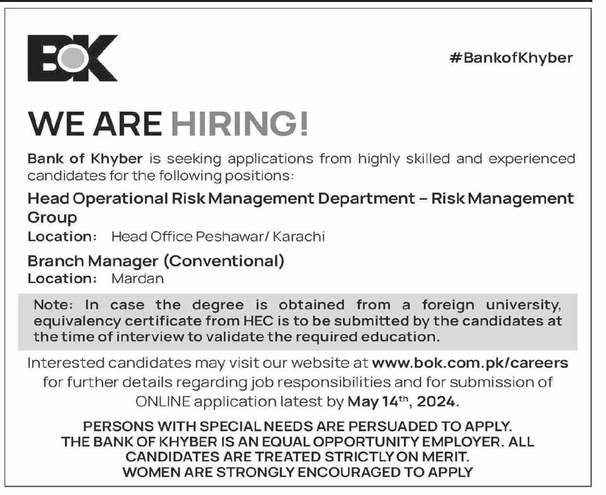 The Bank of Khyber BOK Jobs 2024 Jobs 2024 — original advertisement