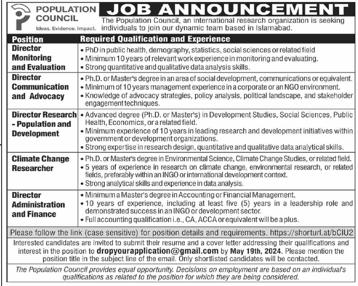 Population Council Islamabad Jobs 2024 – Federal Government Organization Jobs 2024 — original advertisement