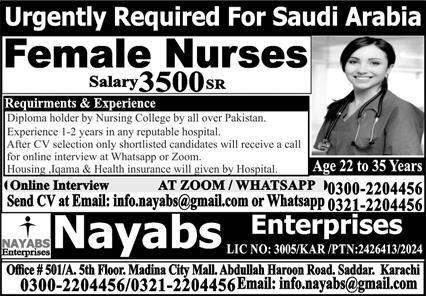 Female Nurses Jobs in Saudia Arabia 2024 – Nayab Trade Test and Technical Training Center Jobs 2024 — original advertisement