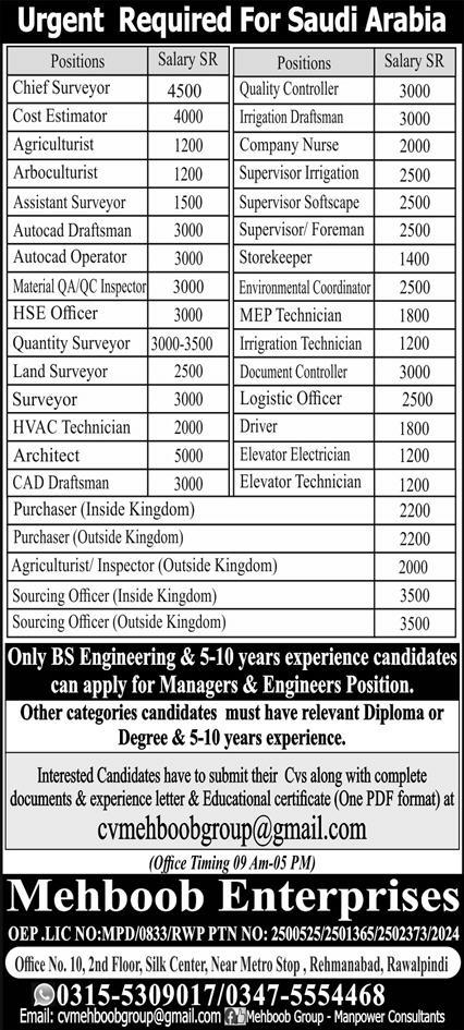 Cheif Surveyor  And Agriculturist Jobs in Saudia Arabia 2024 – Mehboob Enterprises Overseas Employment Promoters Jobs 2024 — original advertisement
