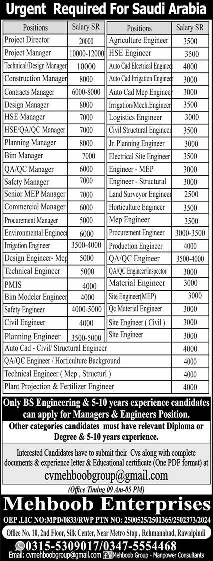 Project Director And Project Manager Jobs in Saudia Arabia – Mehboob Enterprises Overseas Employment Promoters Jobs 2024 — original advertisement