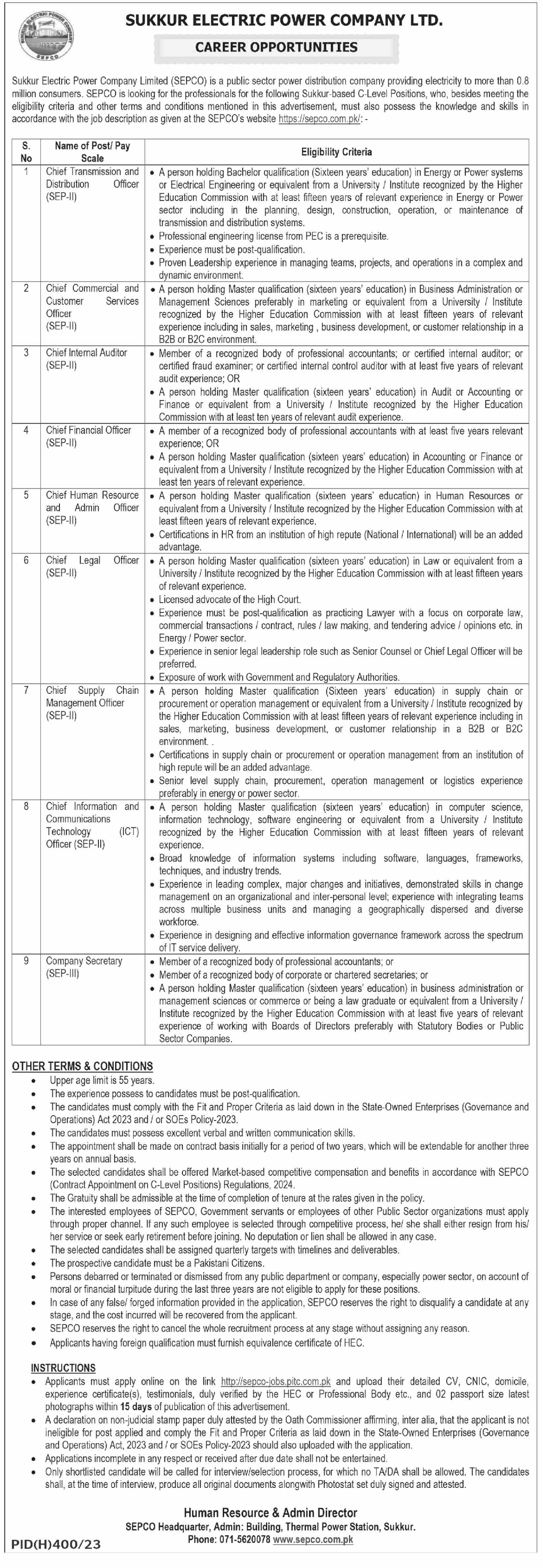 Sukkur Electric Power Company Sepco Jobs 2024 Jobs 2024 — original advertisement