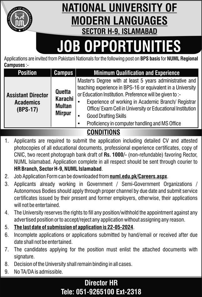 National University Of Modern Languages NUML Job 2024 – National University of Modern Languages Islamabad Jobs 2024 — original advertisement