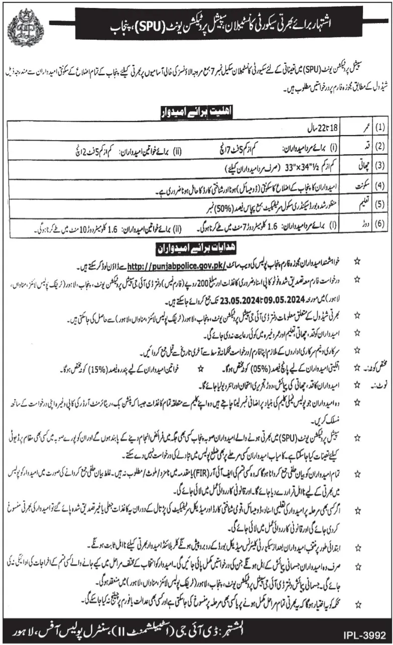 Special Protection Unit SPU Punjab Jobs 2024 – Punjab Police Jobs 2024 — original advertisement