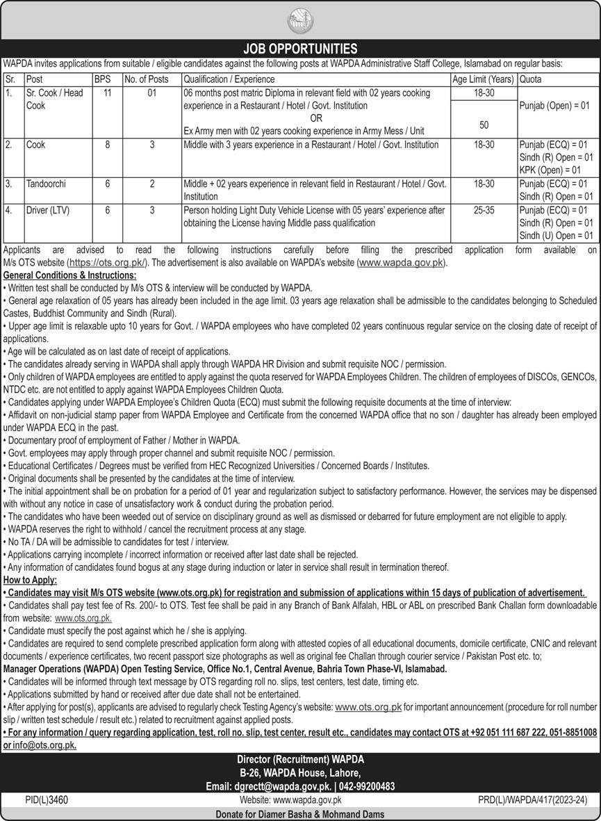 Water And Power Development Authority WAPDA Lahore Jobs Jobs 2024 — original advertisement