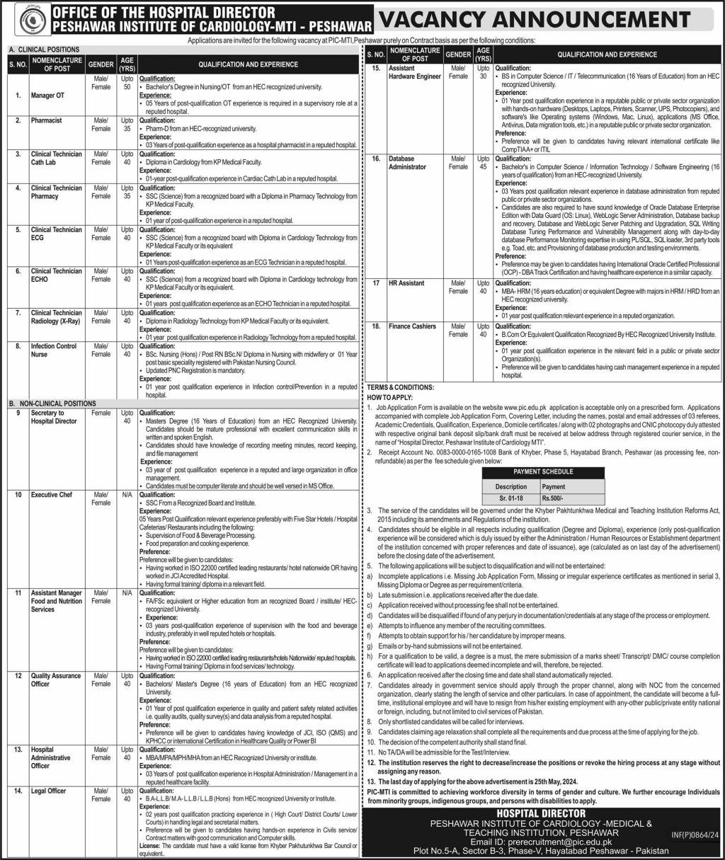 Peshawar Institute Of Cardiology PIC Peshawar Jobs 2024 Jobs 2024 — original advertisement