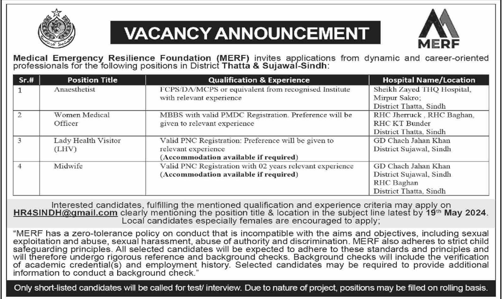 Medical Emergency Resilience Foundation Merf Jobs 2024 – Medical Emergency Resilience Foundation (MERF) Pakistan Jobs 2024 — original advertisement