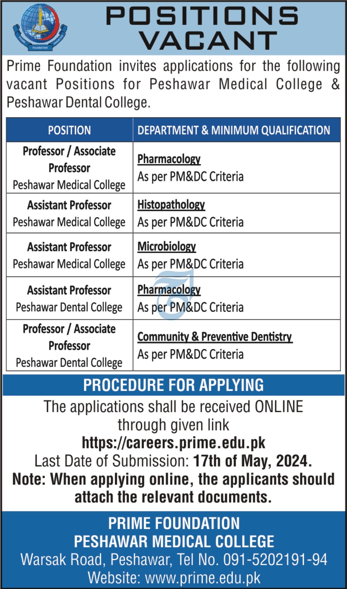Peshawar Medical College And Peshawar Dental College Jobs – Prime Foundation Jobs 2024 — original advertisement