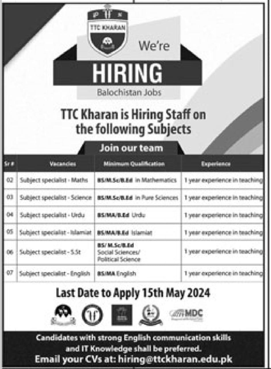 Techanical Trade CentreTTC Kharan Balochistan Jobs 2024 – Government Technical Trade Centre GTTC Jobs 2024 — original advertisement