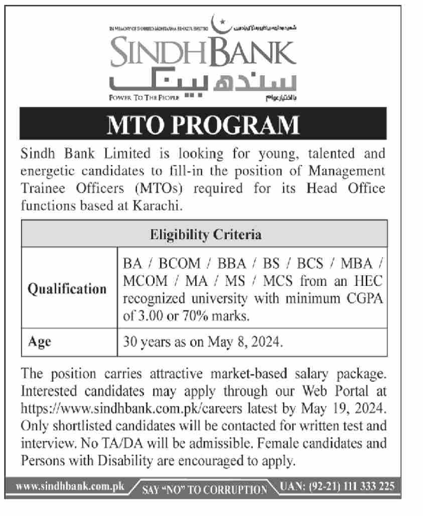 Sindh Bank Limited Karachi Job 2024 Jobs 2024 — original advertisement