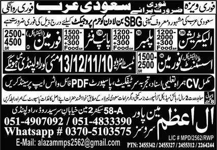 Plumber And Pipe Fitter Jobs in Saudia Arabia 2024 – Al Azam Manpower Services Jobs 2024 — original advertisement