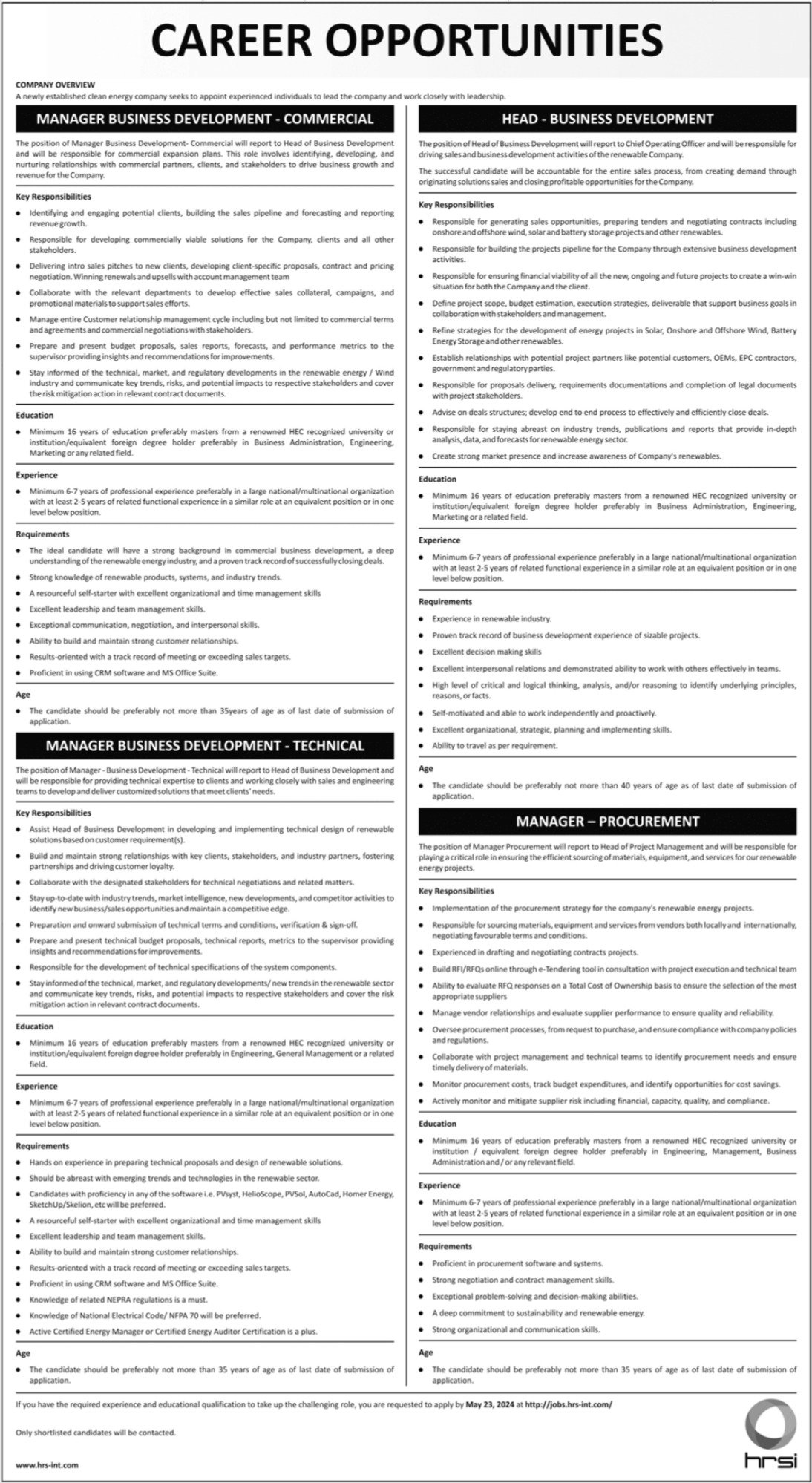 Human Resource Solution International HRSI Karachi Jobs 2024 – HRSG People and Business karachi Jobs 2024 — original advertisement