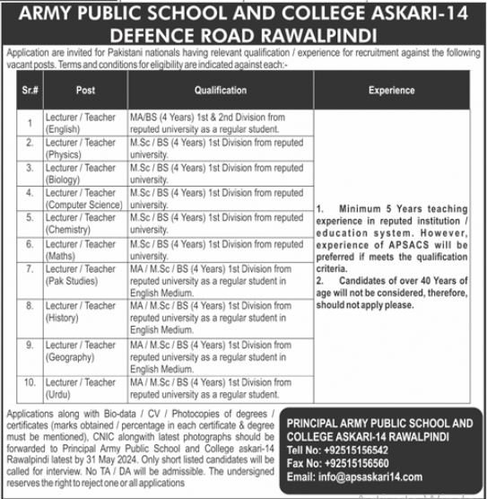 Army Public School & College APS&C Rawalpindi Jobs 2024 – Army Public School & College Paksitan Jobs 2024 — original advertisement