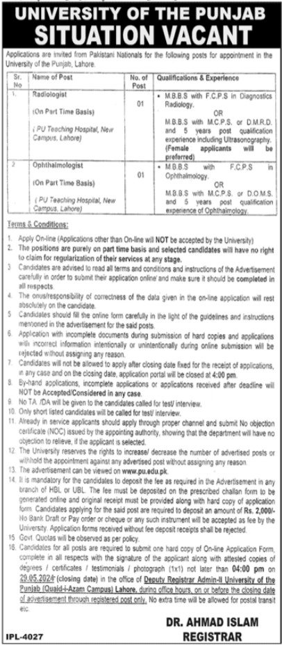 University Of Punjab UOP Lahore Jobs 2024 Jobs 2024 — original advertisement