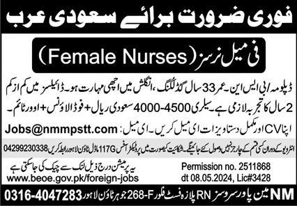 Female Nurses Jobs in Saudia Arabia 2024 – NM Manpower Service Jobs 2024 — original advertisement