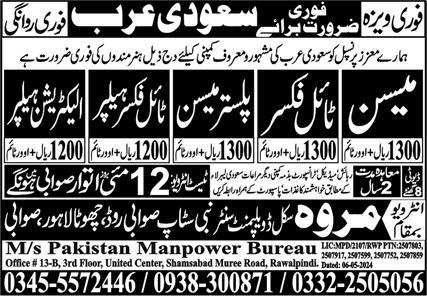 Plaster Mason & Electrician Helper Jobs 2024 In Saudi Arabia – Marwa Skill Development Center Jobs 2024 — original advertisement