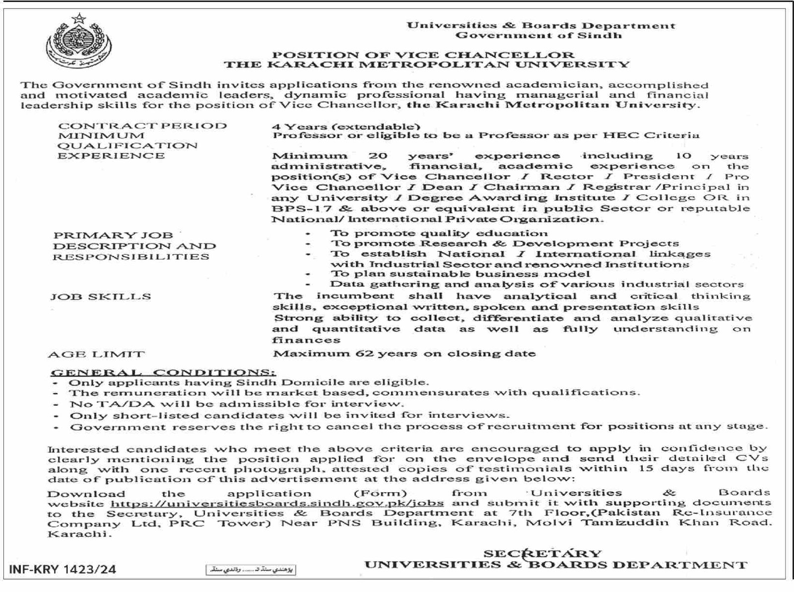Universities & Boards Department Karachi Jobs 2024 – Govt of Sindh Jobs 2024 — original advertisement