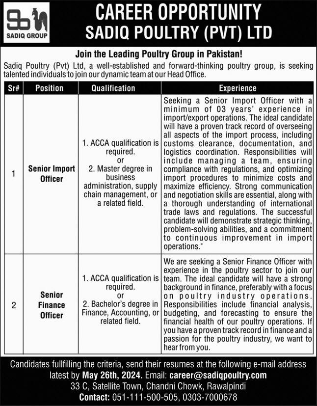 Sadiq Poultry PVT Ltd Jobs 2024 – Private Company Jobs 2024 — original advertisement