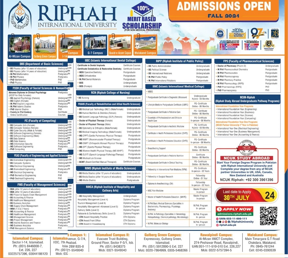 Admission Open in Riphah International University 2024 Admissions 2024 — original advertisement