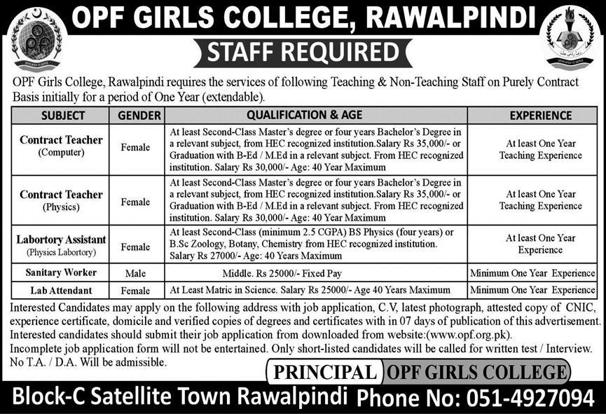 Opf Girls College Rawalpindi Jobs 2024 – OPF Public School Jobs 2024 — original advertisement