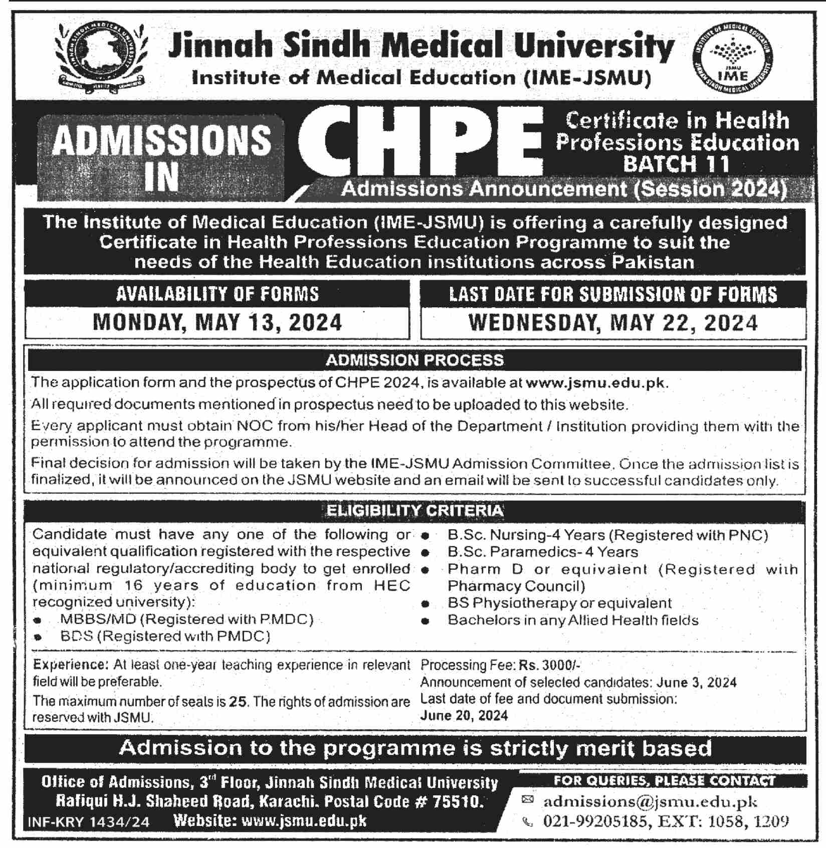 Admission Open in Jinnah Sindh Medical University 2024 – Jinnah Sindh Medical University Karachi Admissions 2024 — original advertisement