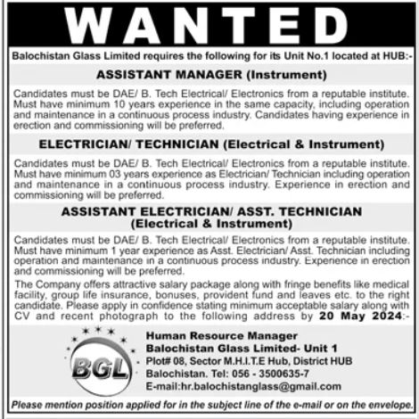 Balochistan Glass Limited Hub Jobs 2024 Jobs 2024 — original advertisement