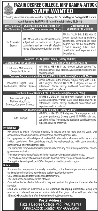 Fazaia Bilquis College of Education For Women Rawalpindi Job – Fazaia Schools & Colleges Jobs 2024 — original advertisement