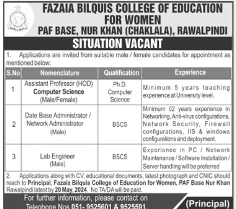 Fazaia Degree College MRF Kamra Attock Jobs 2024 – Fazaia Schools & Colleges Jobs 2024 — original advertisement