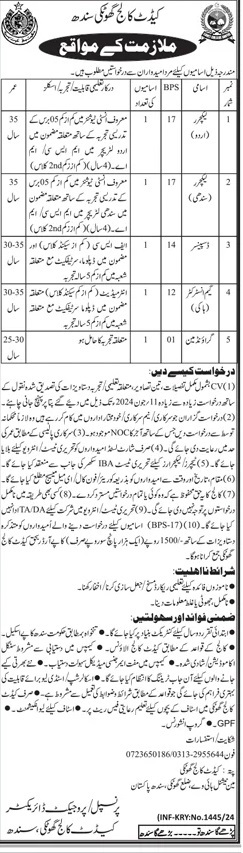 Cadet College Ghotki Sindh Jobs 2024 Jobs 2024 — original advertisement
