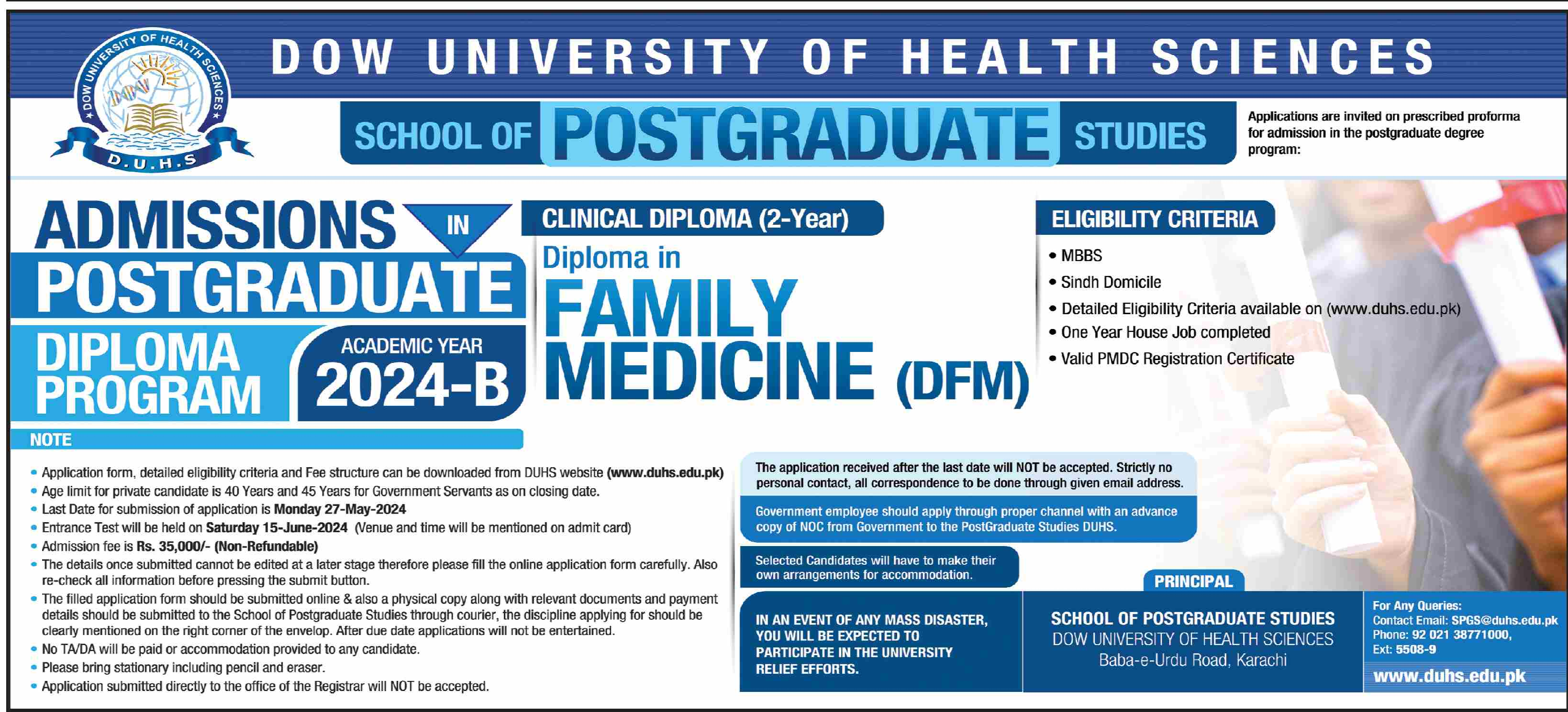 Admission Open in Dow university of Health Sciences – Dow University of Health Sciences Karachi Admissions 2024 — original advertisement