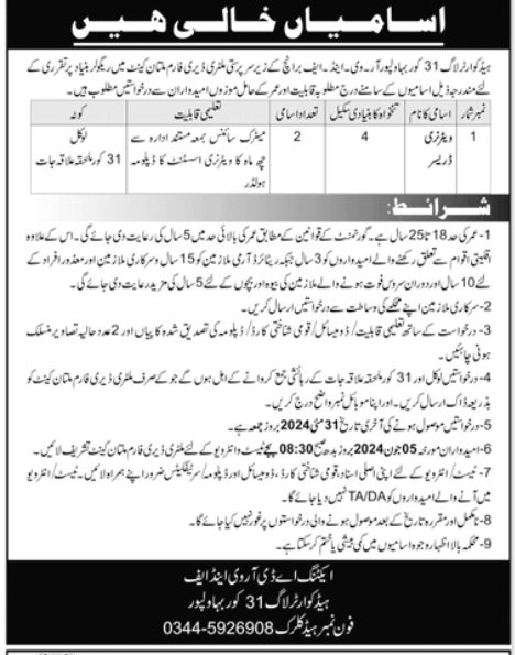 Head Quater Log 31 Core Bahawalpur Jobs 2024 – Pakistan Army Jobs 2024 — original advertisement