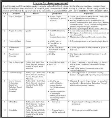 Well Reputed Local Organization Balochistan Jobs 2024 – Public Sector Organization Jobs 2024 — original advertisement