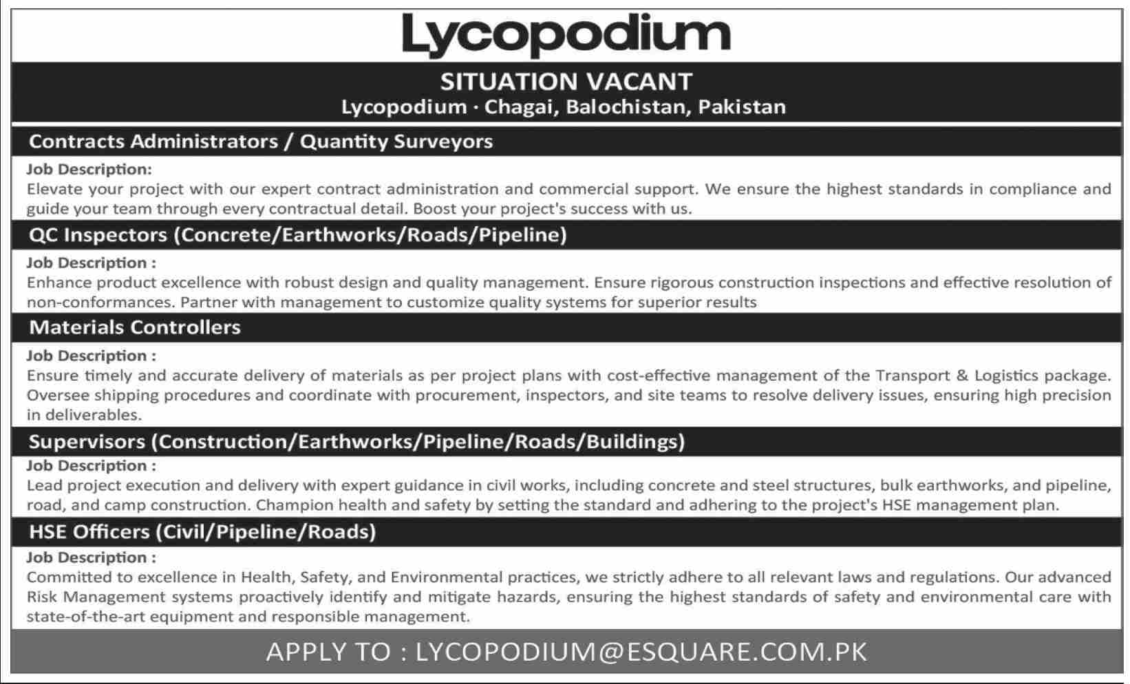 Lycopodium Chaghi Balochistan Jobs 2024 – Private Sector Organization Jobs 2024 — original advertisement