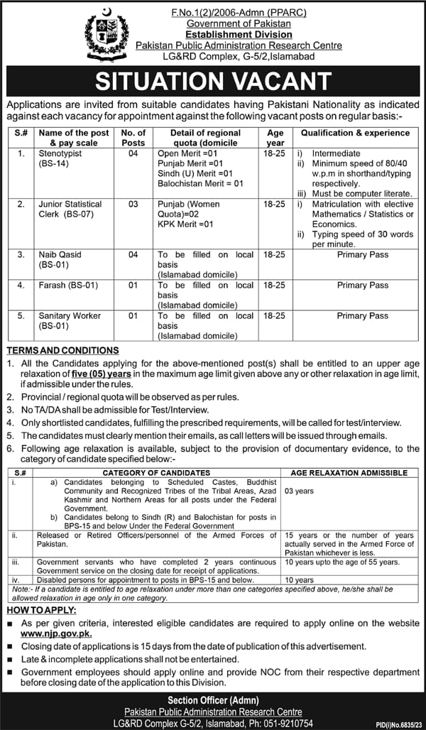 Pakistan Public Administration Research Center Islamabad Job – Pakistan Public Works Department Pakistan Jobs 2024 — original advertisement