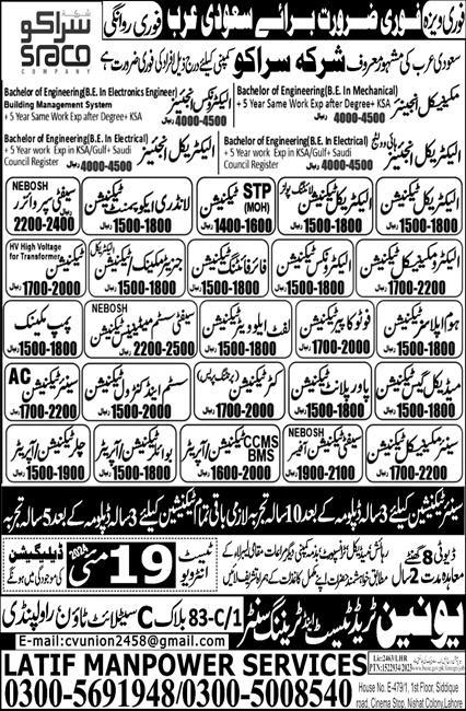 Electrical Technicion And Seftey Supervizor Jobs in KSA 2024 – Union Manpower Services Jobs 2024 — original advertisement