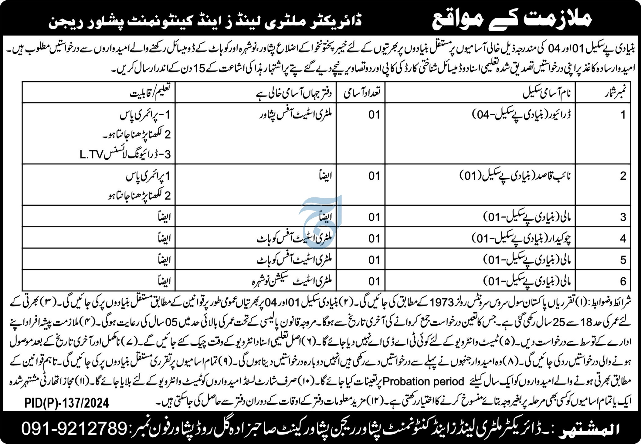 Military Lands And Cantonment Peshawar Jobs 2024 – Cantonment Board Jobs 2024 — original advertisement