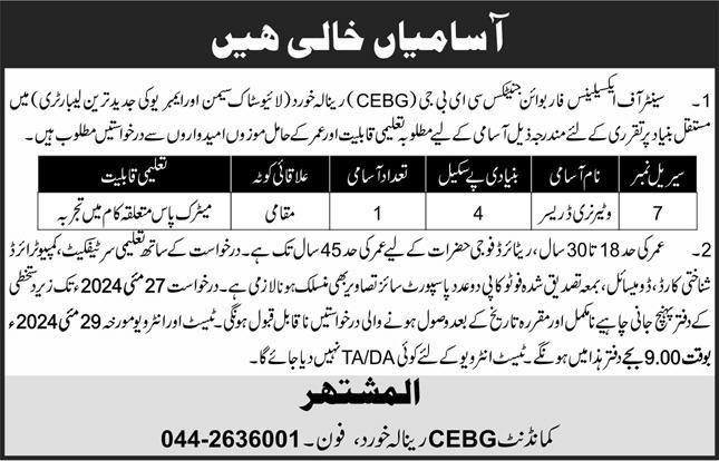 Center Of Excellence For Bovine Genetics Renala Khurd Job – Pakistan Army Jobs 2024 — original advertisement