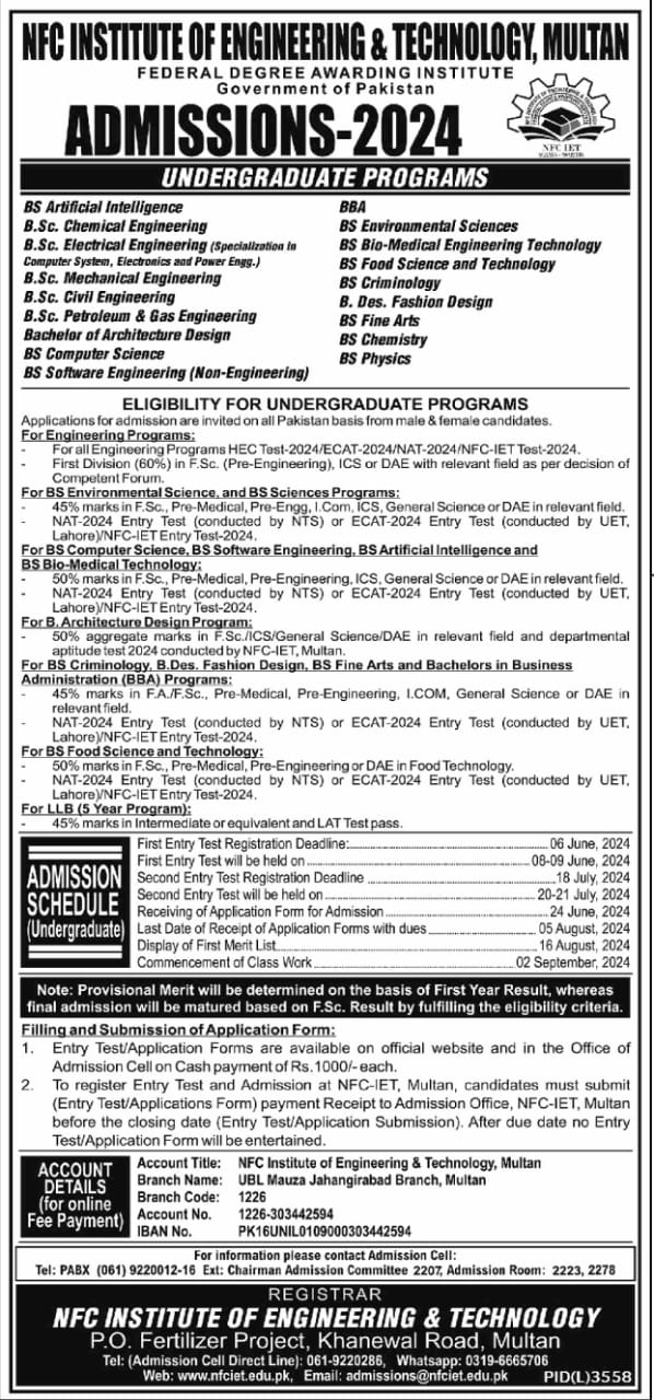 Admission Open in NFC iNSTITUTE OF Engineering And technolog – NFC Institute of Engineering & Technology Multan Admissions 2024 — original advertisement