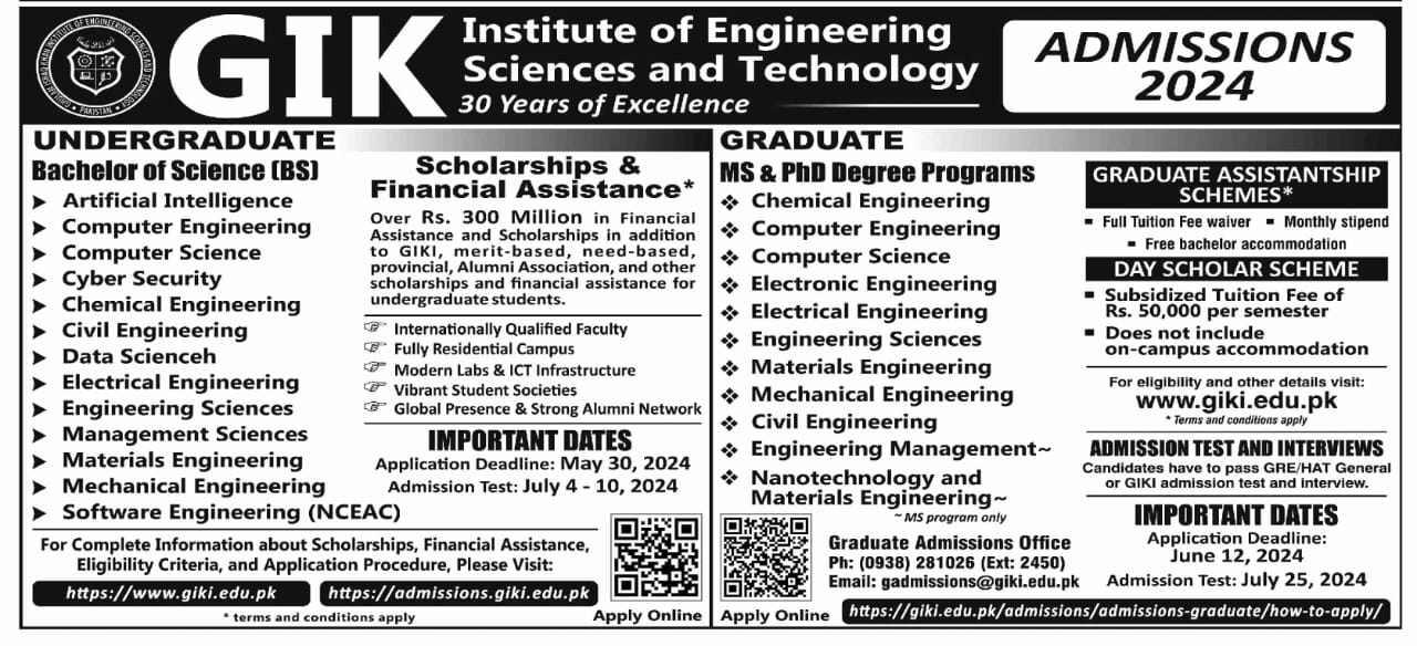 Admission Ghulam Ishaq Khan  Institute of Engineering Scienc – Ghulam Ishaq Khan GIK Institute of Engineering Sciences and Technology Swabi Admissions 2024 — original advertisement