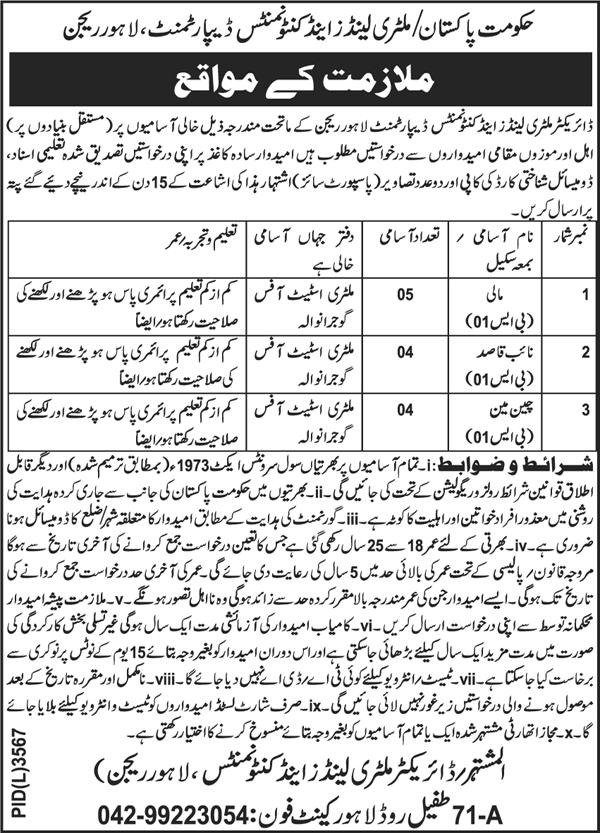 Military Lands and Cantonment Department Lahore Jobs 2024 – Cantonment Board Jobs 2024 — original advertisement
