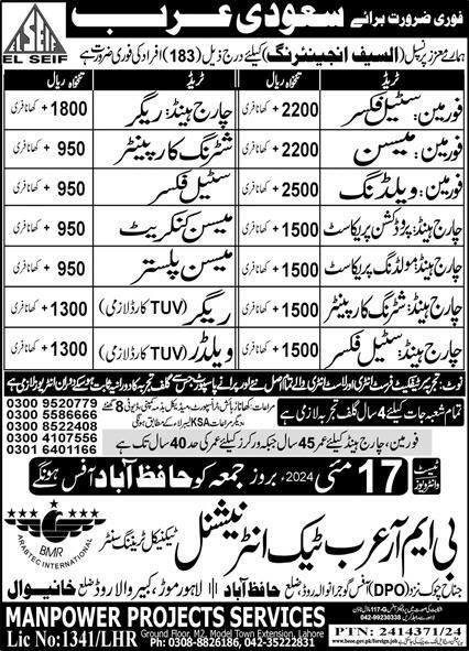Rigger & Chargehand Steel Fixer Jobs 2024 In Saudi Arabia – BMR Arab Tech International Jobs 2024 — original advertisement
