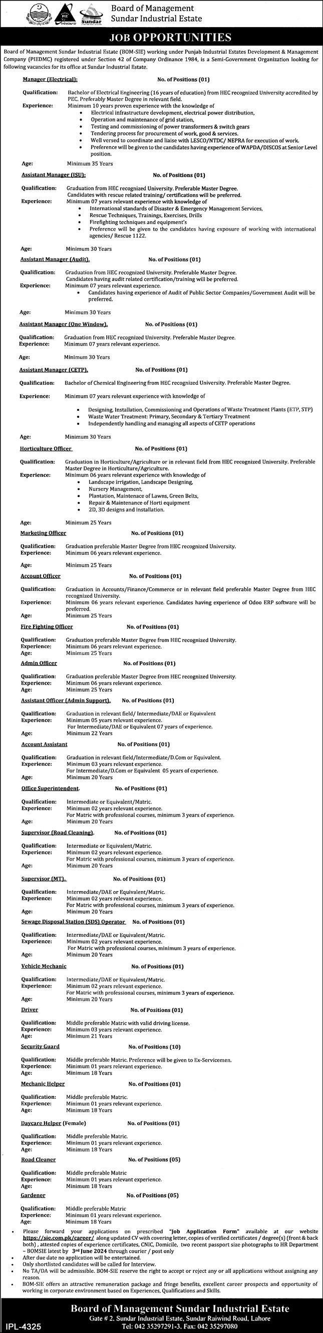 Board Of Management Sundar Industrial Estate Lahore Jobs – Govt of Punjab Jobs 2024 — original advertisement
