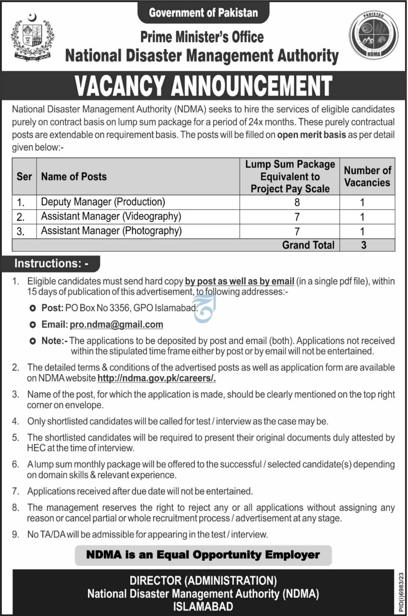National Disaster Management Auhority Islamabad Jobs 2024 – National Disaster Management Authority (NDMA) Pakistan Jobs 2024 — original advertisement