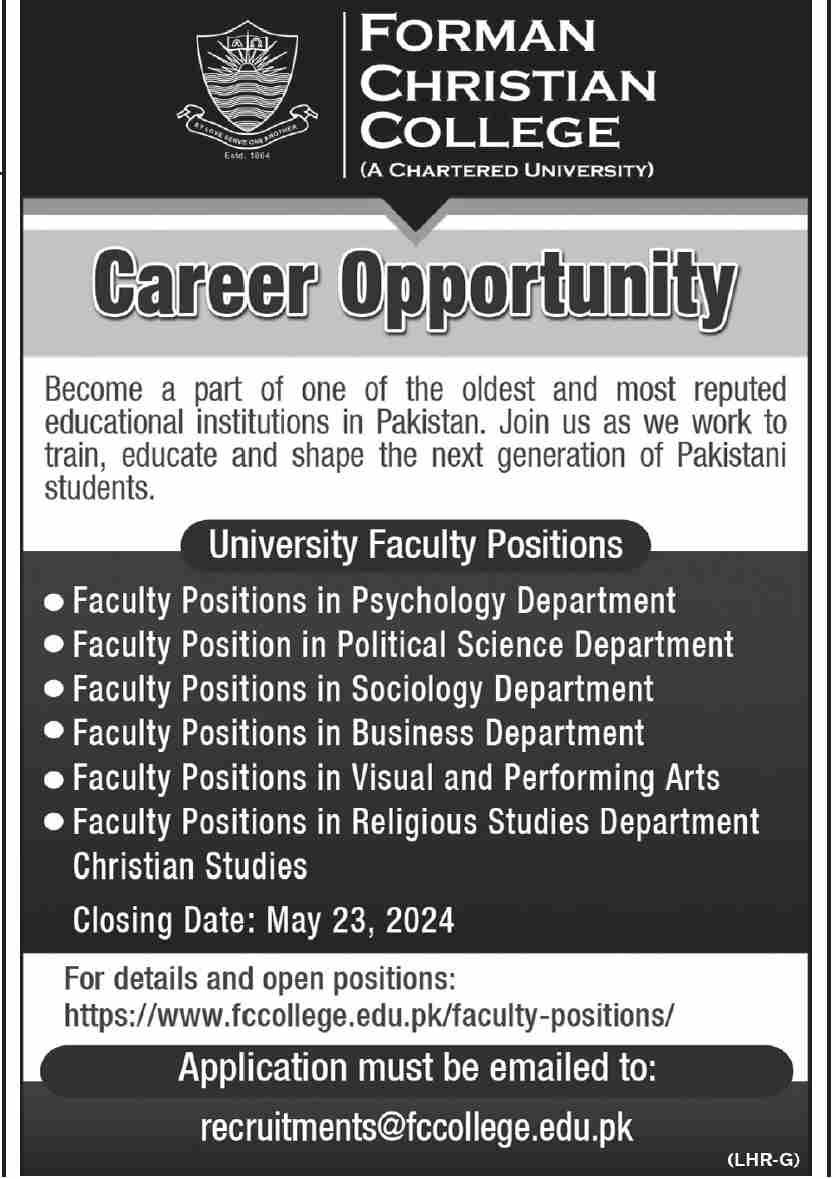 Forman Christian College Lahore Punjab Jobs 2024 Jobs 2024 — original advertisement