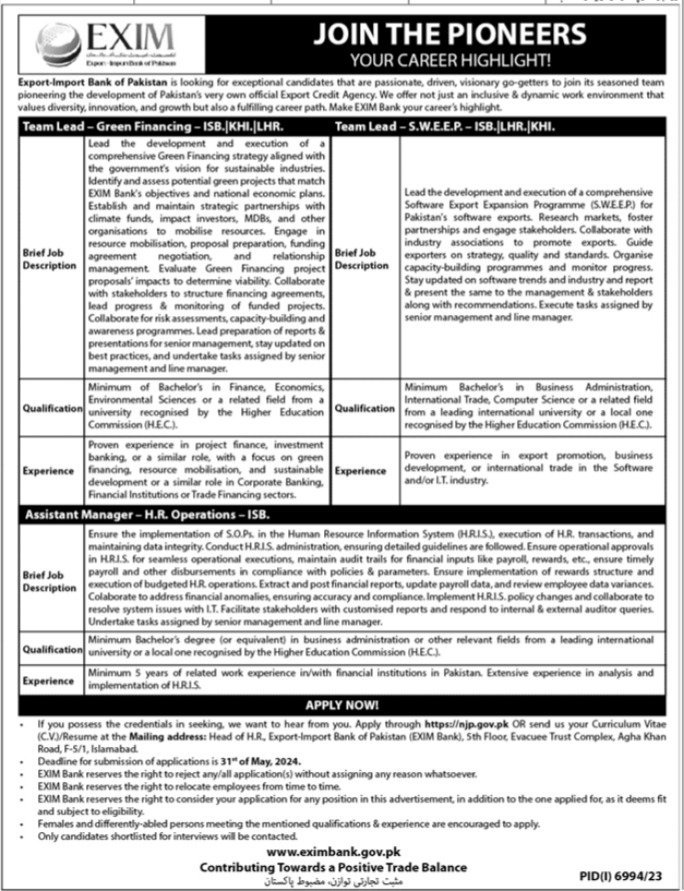 Exim Import Bank Of Pakistan Islamabad Jobs 2024 – EXIM Bank of Pakistan Jobs 2024 — original advertisement